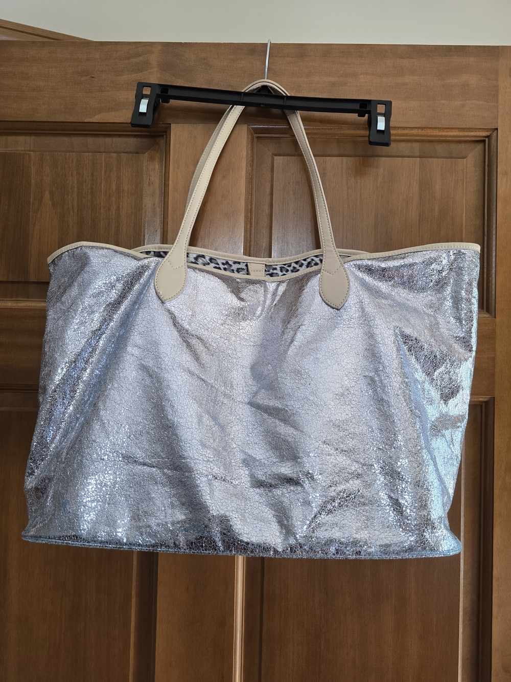Sorial Vegan Leather Metallic Silver Tote/ Beige Handles With Leopard Interior